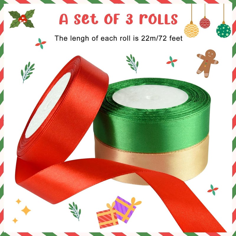 ASTARON Satin Ribbon for Christmas Crafts, 1 Inch, Red, Green, Gold Solid Color, DIY Hair Bows, Silk Ribbon for Gift Wrapping, Bouquets, Decorations - Image 3